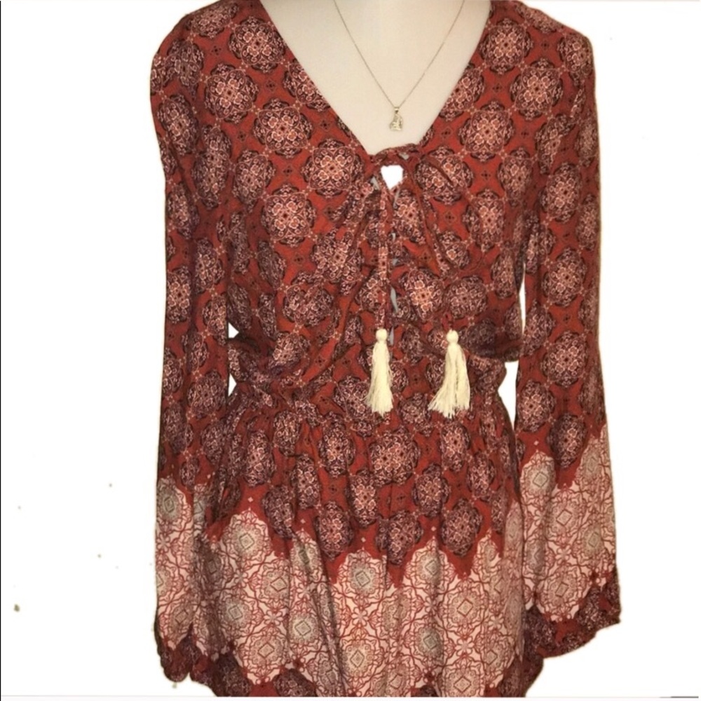 Burgundy Off White Boho Inspired Tie Up Romper